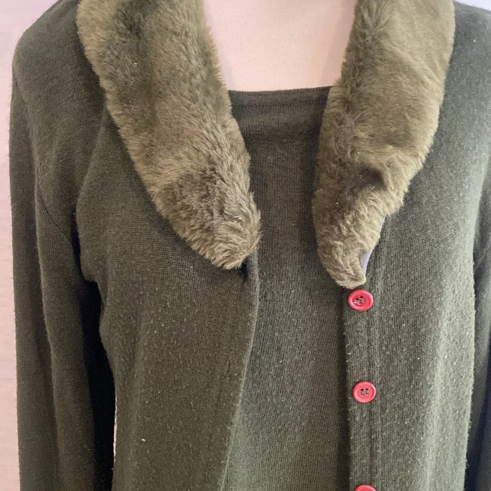 Dark olive Green camisole and Coat with Faux Fur Collar twin set